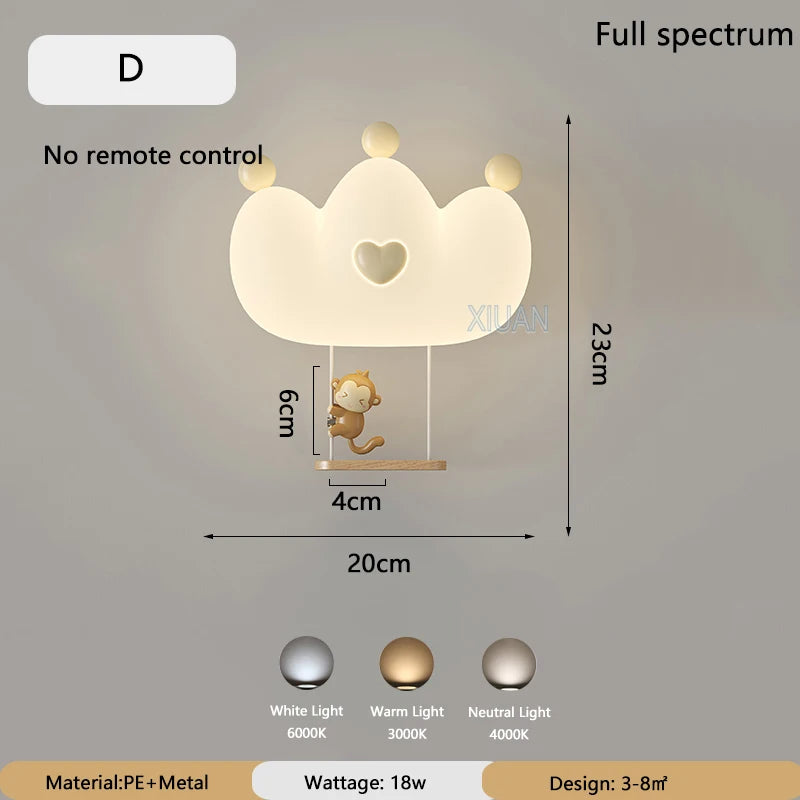 Monkey Light Cartoon Animal Wall Lamp White Cloud Sconce Nursery Room Night Light Children's Bedroom Bedside Lamp Eye Protection