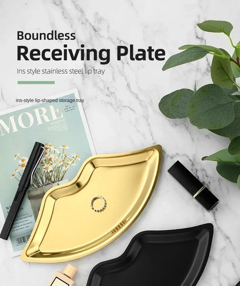 Korean Style Ins Style Stainless Steel Lip Shaped Jewelry Tray Home Cosmetics Metal Tray Female Jewelry Storage Tray Decorative