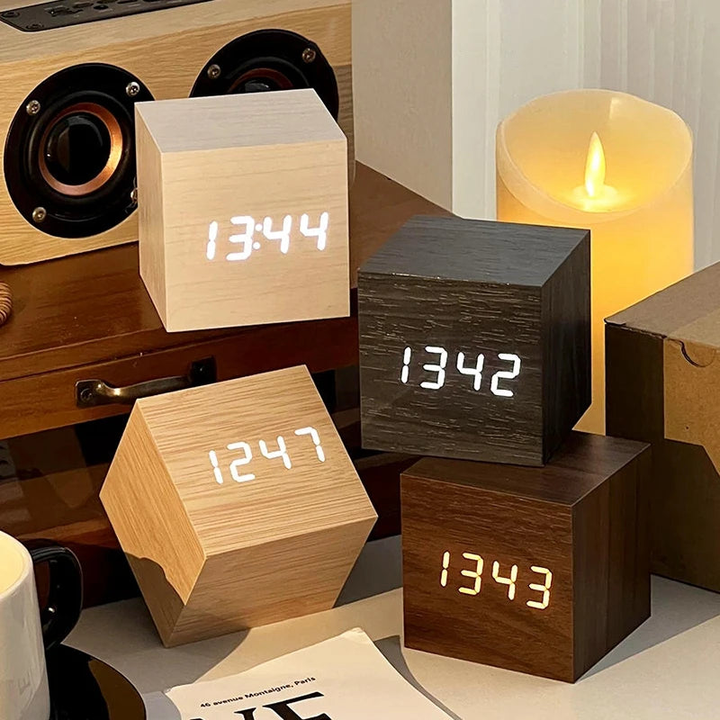 Wooden Digital Alarm Clock with Temperature Cube Electronic Control Clocks LED Alarm Clock Office Decoration Room Desk Decor