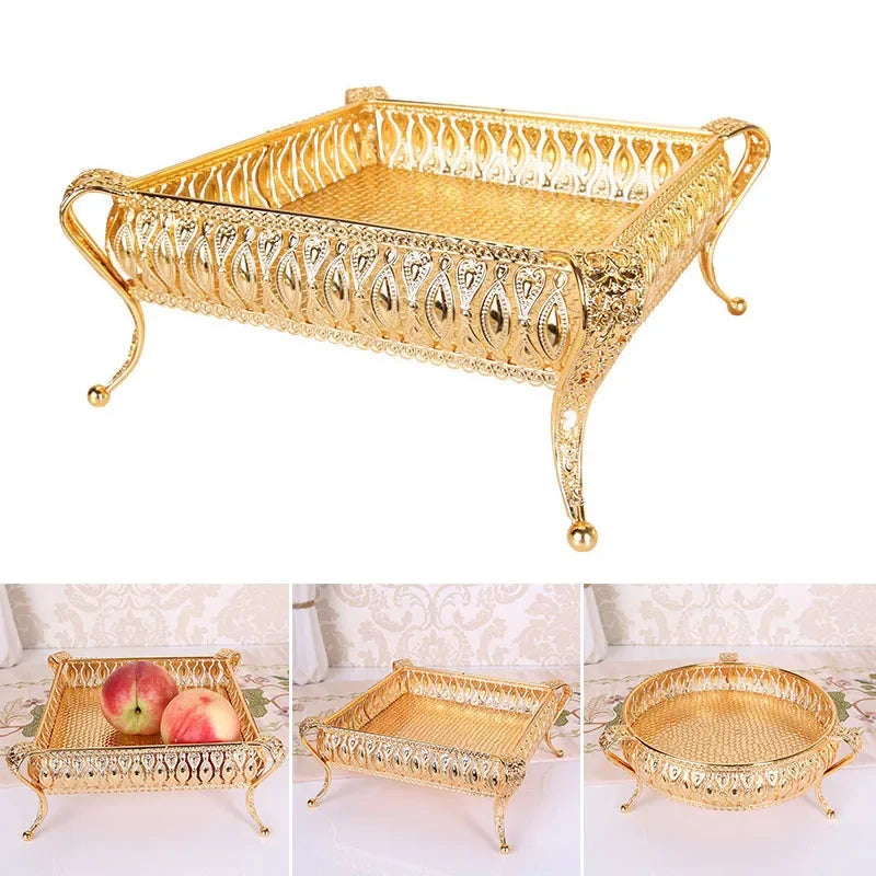 Creative Vintage Gold Fruit Tray Golden Round Square Fruit Plate Multi-Function Metal Snack Home Storage Plate Tablewear