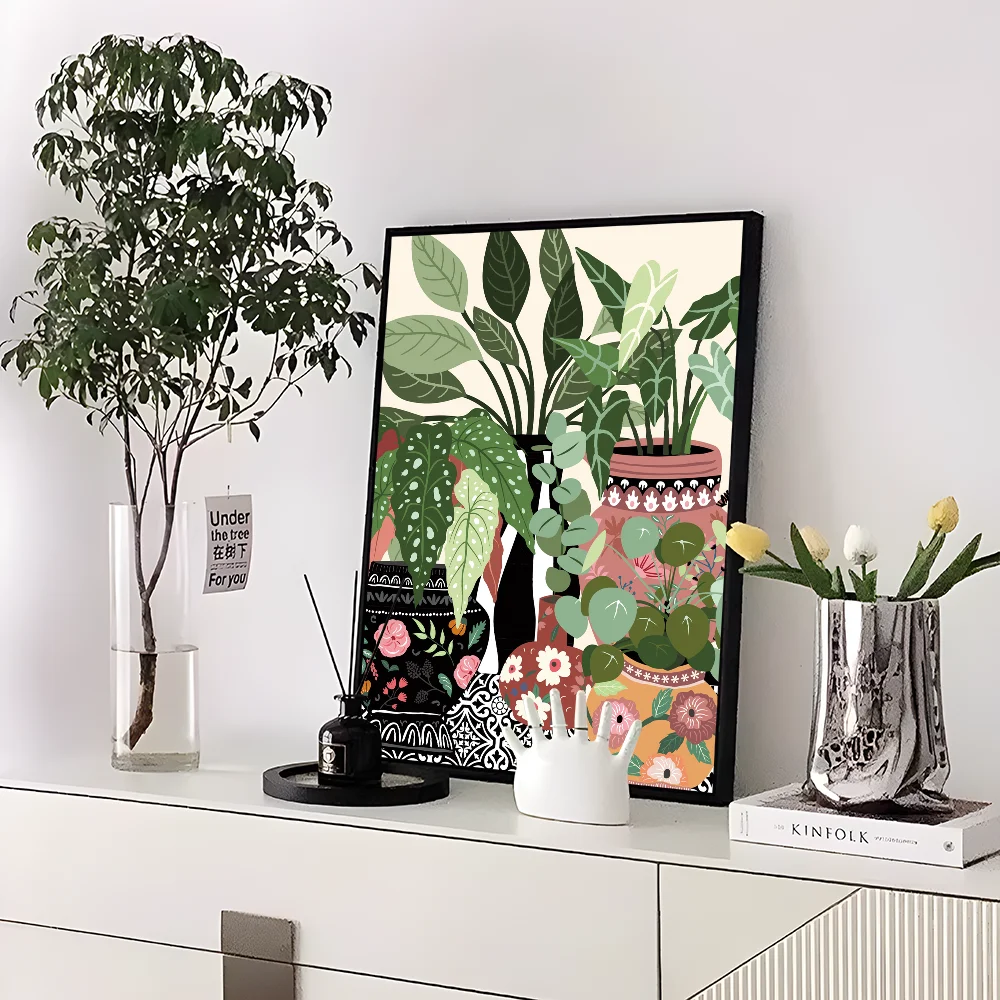 Greek Tile Botanical Plants Art Boho Green Leaves  Self-adhesive Art Poster Whitepaper Sticker DIY Room Bar Cafe Wall Decor
