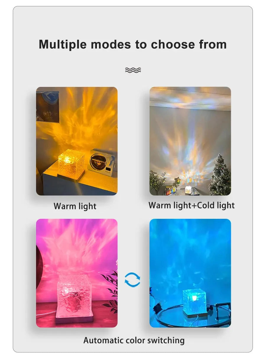 Water Ripple Projector 3/16 Colors Night Light Flame Crystal Lamp Home Houses Decoration Sunset Lights Gift Rotating Light