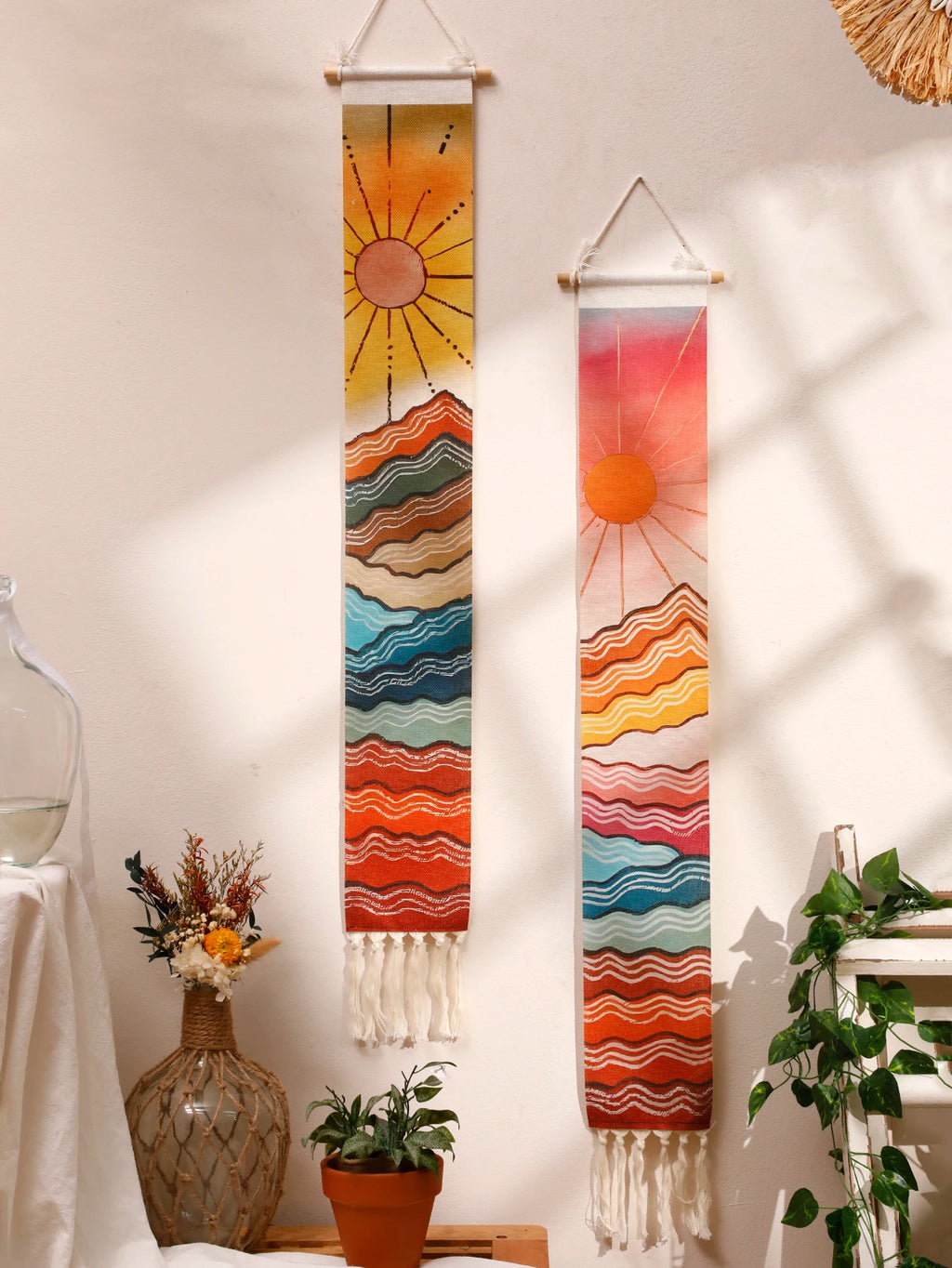 Macrame Tapestry Sunset Sunrise Handmade Wall Tapestries Boho Art Home Decoration Wall Hanging for Living Room Bedroom Ornament
