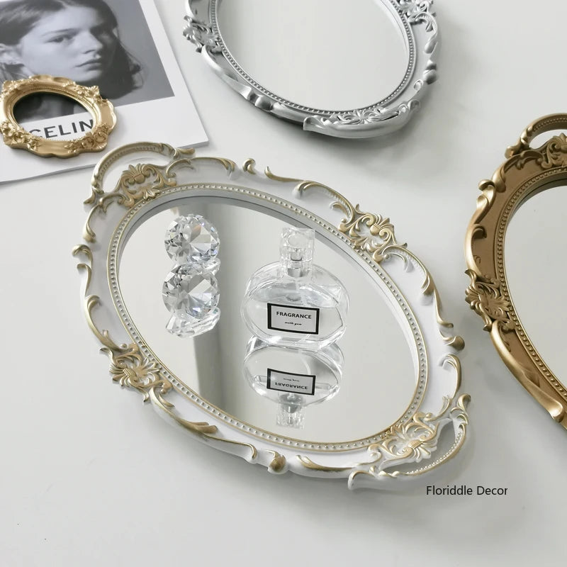 European Decorative Plate Storage Tray Oval Plate Jewelry Display Rotary Candy Decor Tray Mirror Decorative Make Up Mirror