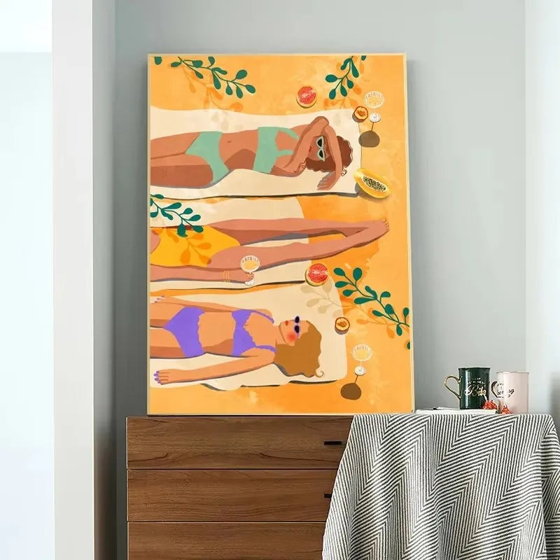 Colorful Sexy Girl Boho Drink Wine Fruit Abstract Wall Art Canvas Painting Posters and Print Wall Pictures for Living Room Decor