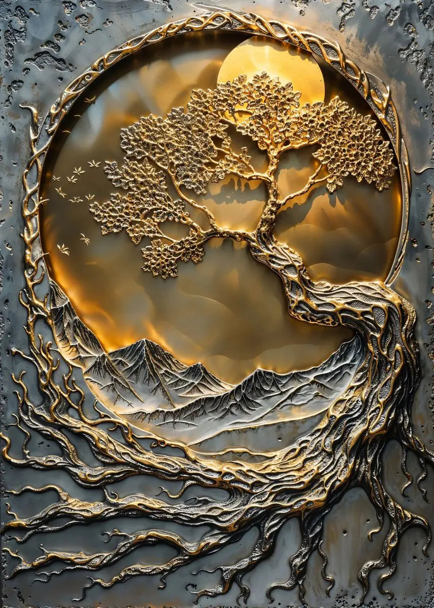 Golden Tree and Moon Abstract Painting Canvas Print, Luxury Wall Art, Minimalist Poster, Asian Style Pictures For Home Interior