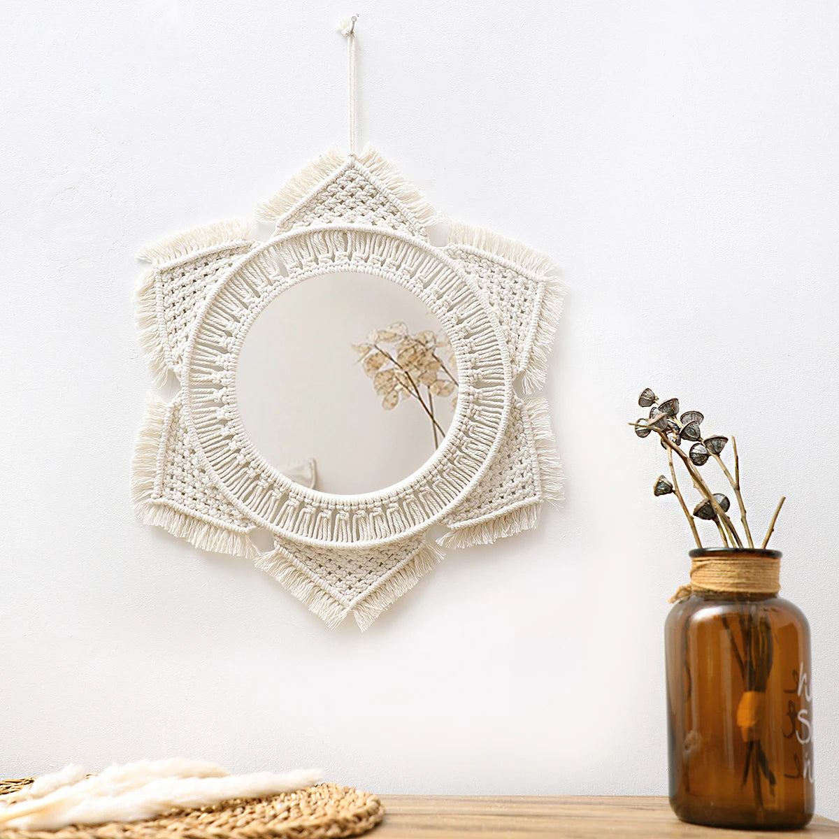 Boho Macrame Round Mirror Decorative Mirrors Aesthetic Room Decor Hanging Wall Mirror for Bedroom Living Room House Decoration