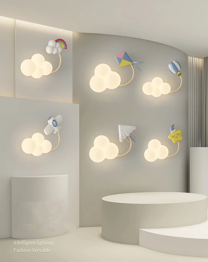 Cartoon Airplane Wall Lights PE Lampshade Star Rainbow Kite Hot air balloon Cloud Night Light Children Bedroom Bedside Wall Lamp