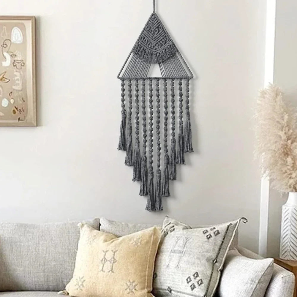 Macrame Dream Catcher Wall Hanging Decor Brown Triangle Woven Tassel Tapestry Art Boho Apartment Bedroom Door Home Decoration