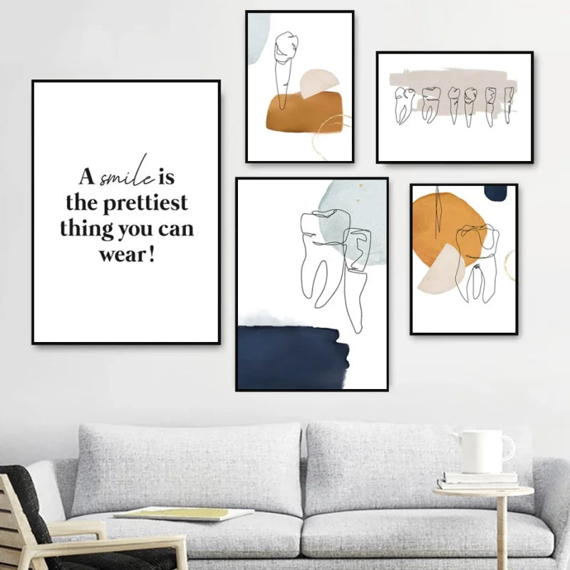 Tooth Wall Art Modern Dental Clinic Oil Painting Aesthetics Abstract Line Posters And Printed Pictures Dentist Office Decoration