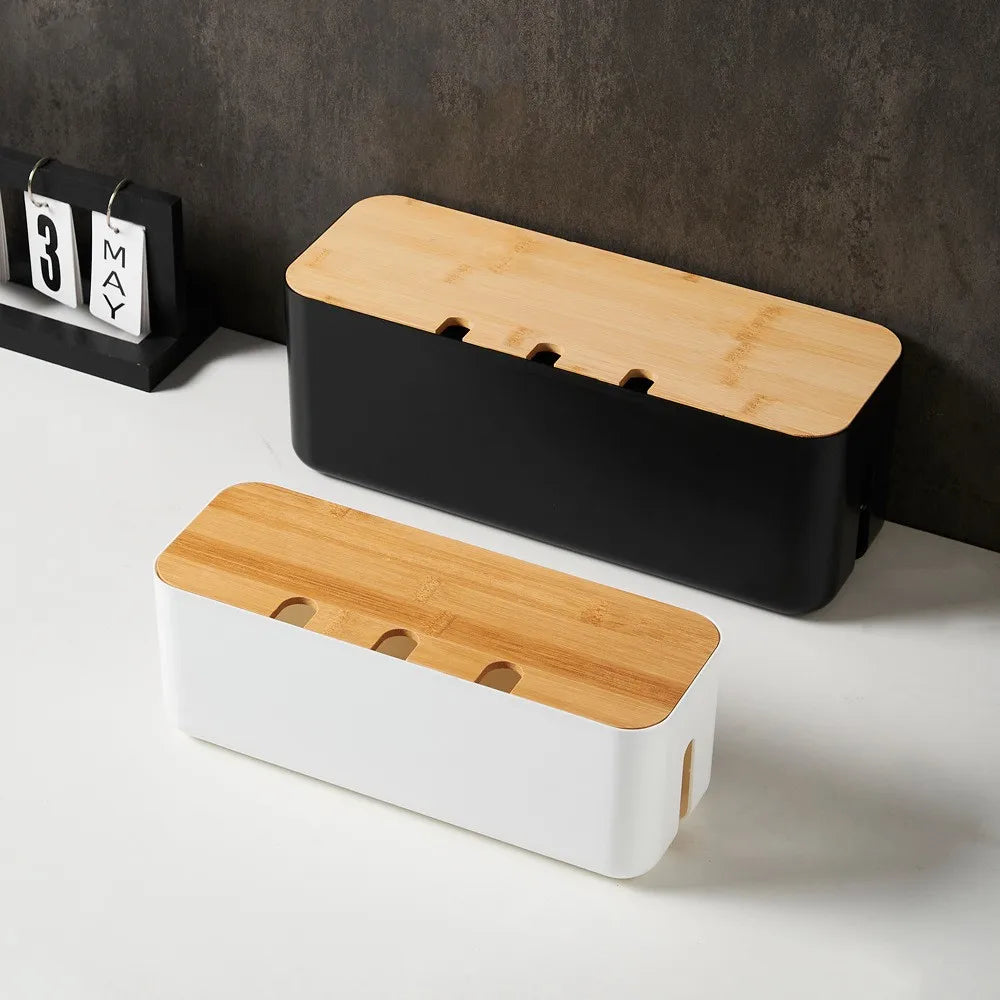 Cable Management Box Bamboo Cover Wire Junction Board Storage Box Hide Wires Power Strips Desk shelf Cable Makeup Organizer Boxs