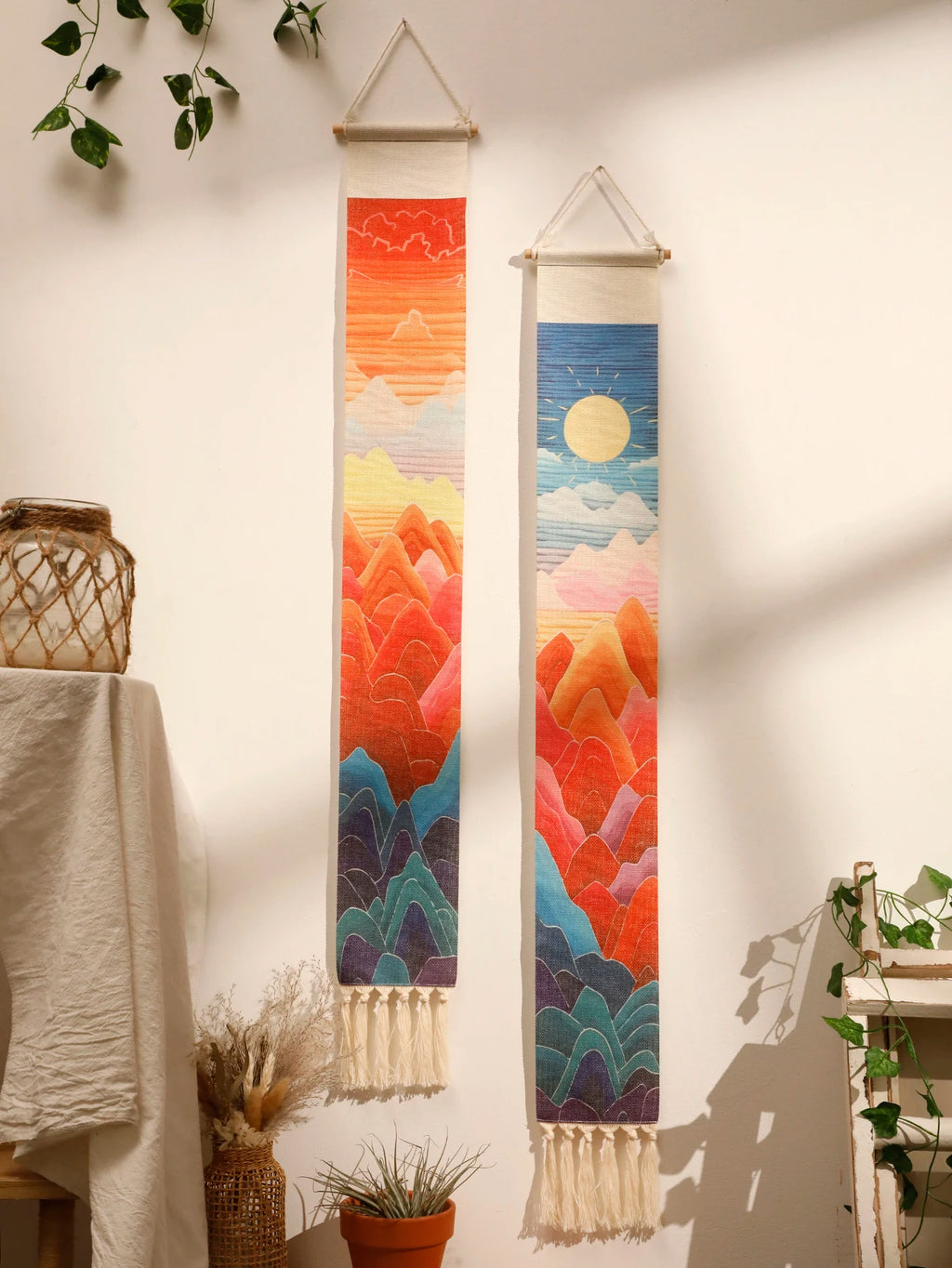 Macrame Tapestry Sunset Sunrise Handmade Wall Tapestries Boho Art Home Decoration Wall Hanging for Living Room Bedroom Ornament