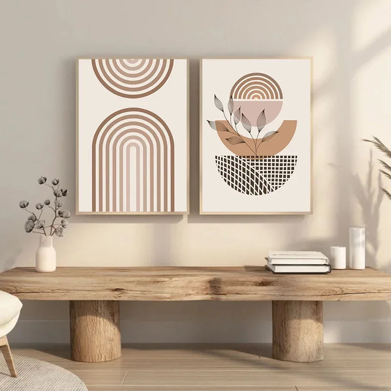 Boho Light Colour Block Canvas Painting Nordic Minimalist Lines Wall Art People Leaves Wall Art Home Living Room Decoration