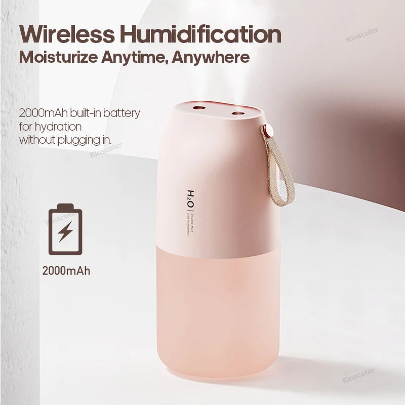 Dual Jet Air Humidifier 300ml, Ultrasonic Cool Mist Diffuser Replenish Humidity, Portable 2000mAh Air Freshener Purifier