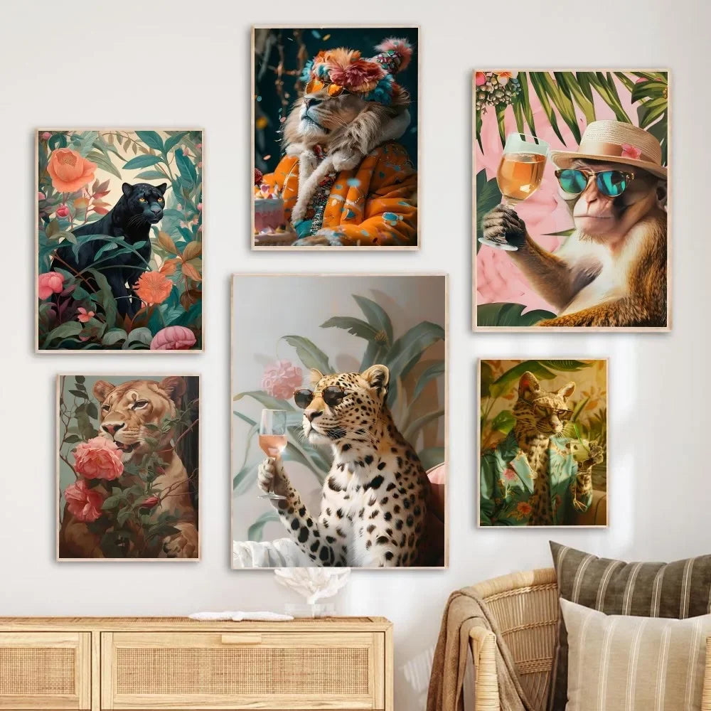 1PC Modern Maximalist Boho Wall Art Animals Leopard Lion Giraffe Monkey Poster Self-adhesive Art Waterproof Paper Sticker Coffee