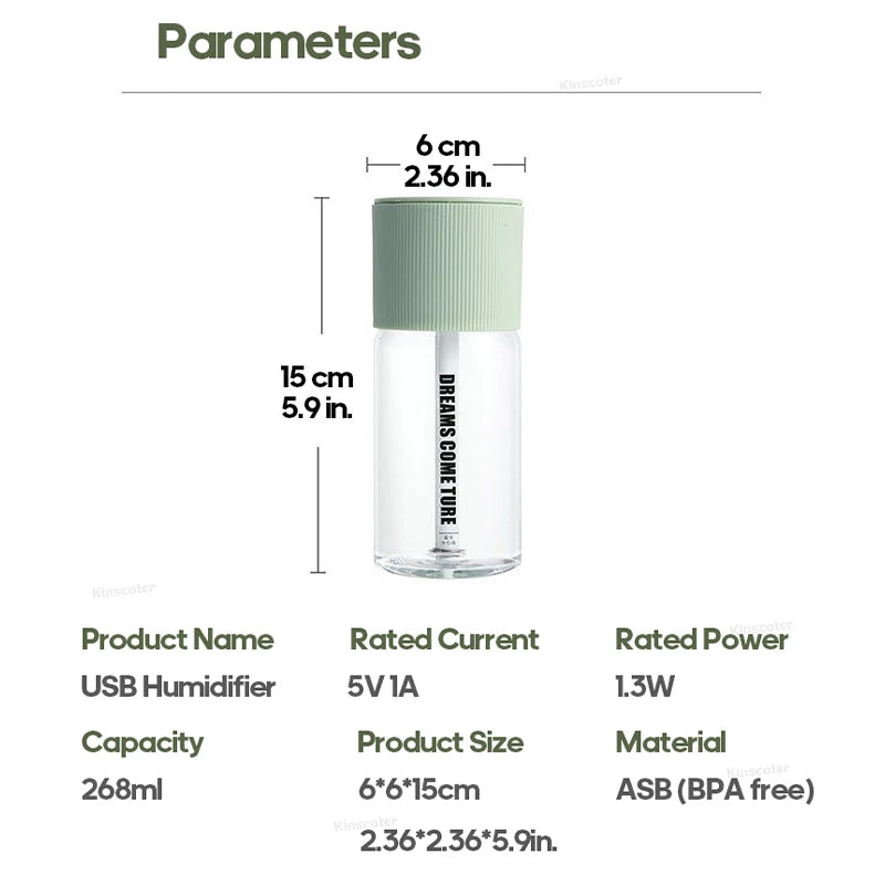 Rechargeable Mini Humidifier 268ml USB Mute Cool Mist Sprayer for Home Bedroom Car Portable Moisturizes Skin Water Diffuser