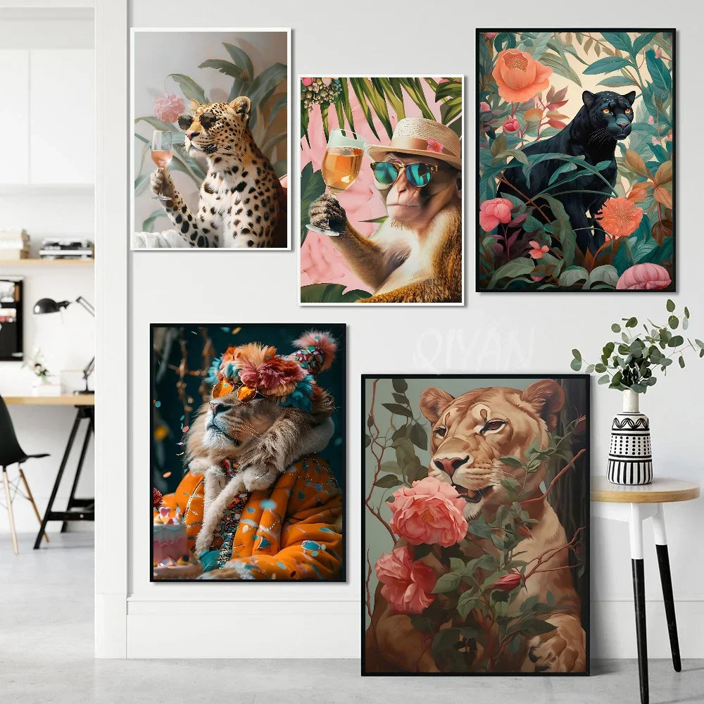 1PC Modern Maximalist Boho Wall Art Animals Leopard Lion Giraffe Monkey Poster Self-adhesive Art Waterproof Paper Sticker Coffee