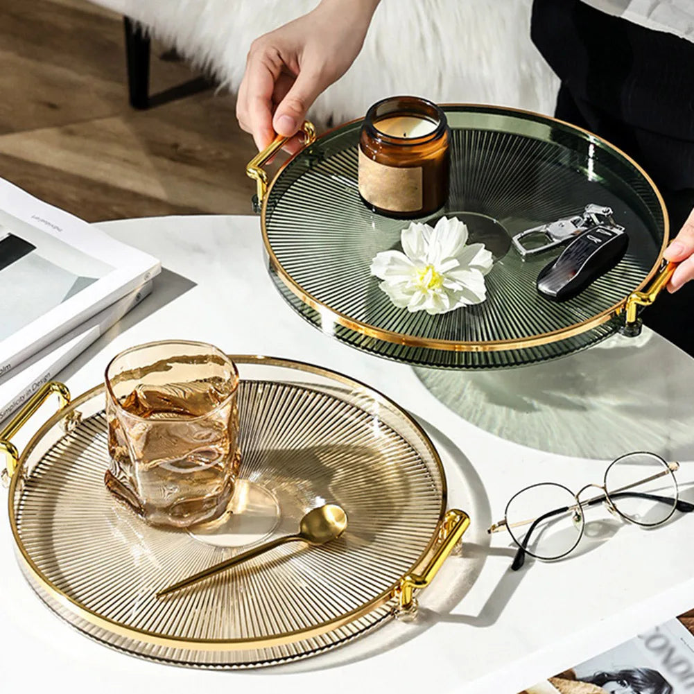 Luxury Storage Tray With Golden Handle Household Tea Dessert Fruit Storage Tray Plate Dinner Plate for Living Room Kitchen