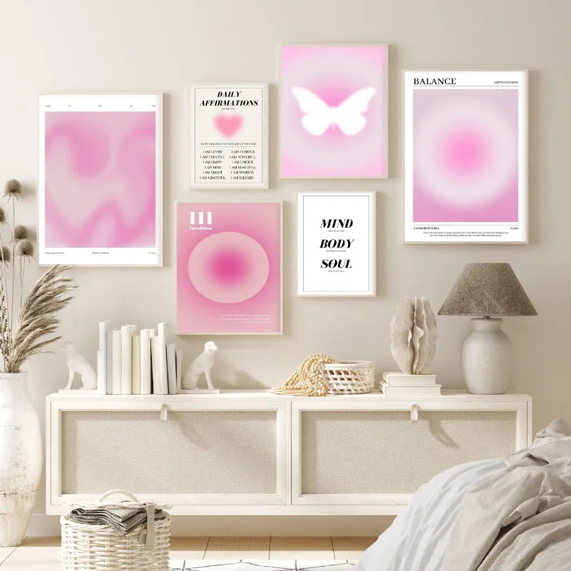 Pink Aura Affirmation Love Circle Butterfly Poster Print Canvas Art Pictures Home for Bedroom Wall Decor Frameless Painting