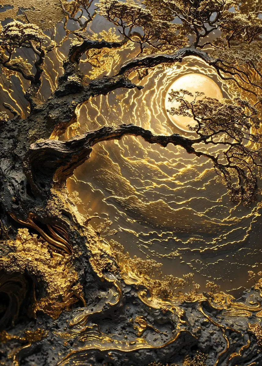 Golden Tree and Moon Abstract Painting Canvas Print, Luxury Wall Art, Minimalist Poster, Asian Style Pictures For Home Interior