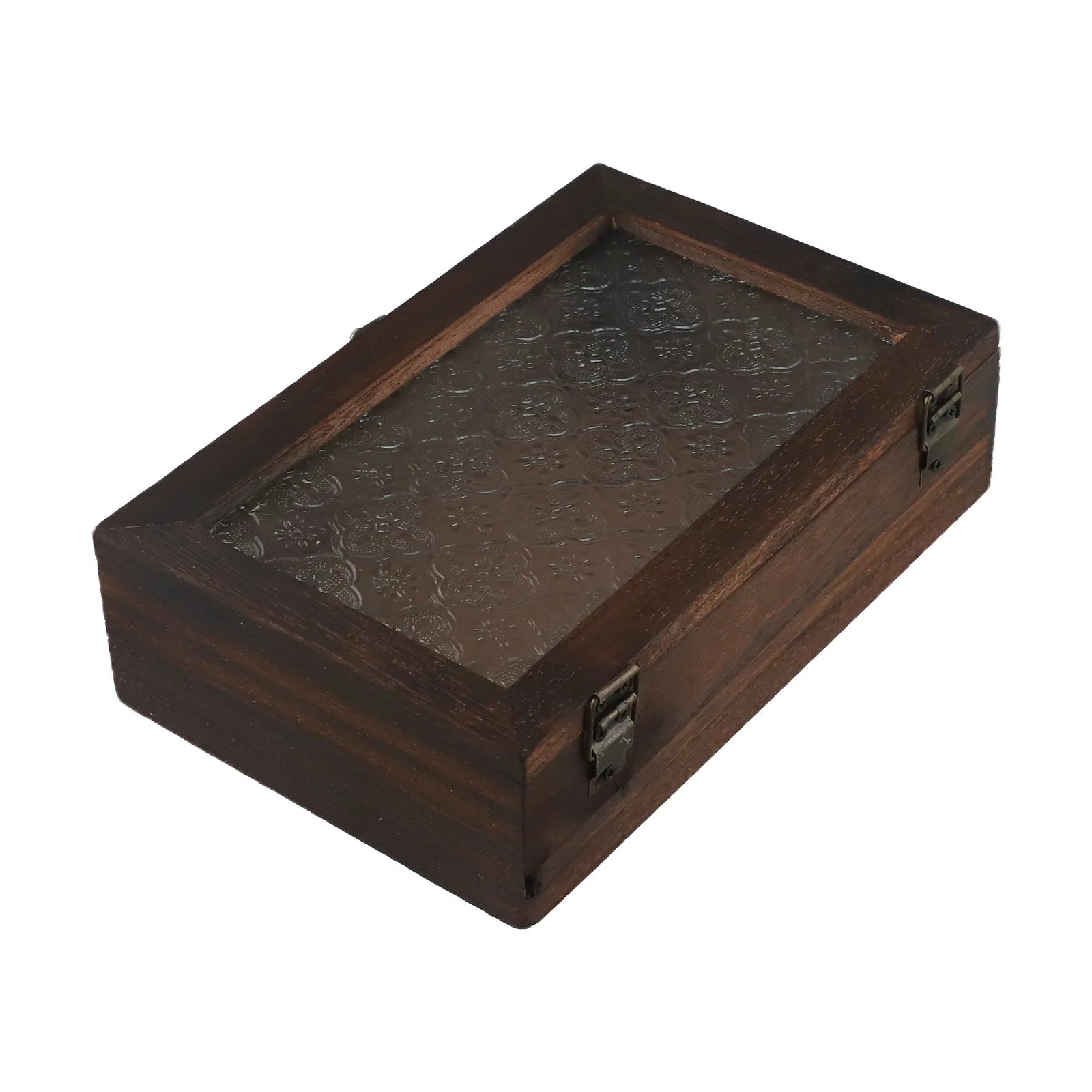 Rectangular Wooden Storage Box Nordic Retro Solid Wood Begonia Flower Glass Desktop Storage Decorative Box Hinged Storage Boxes