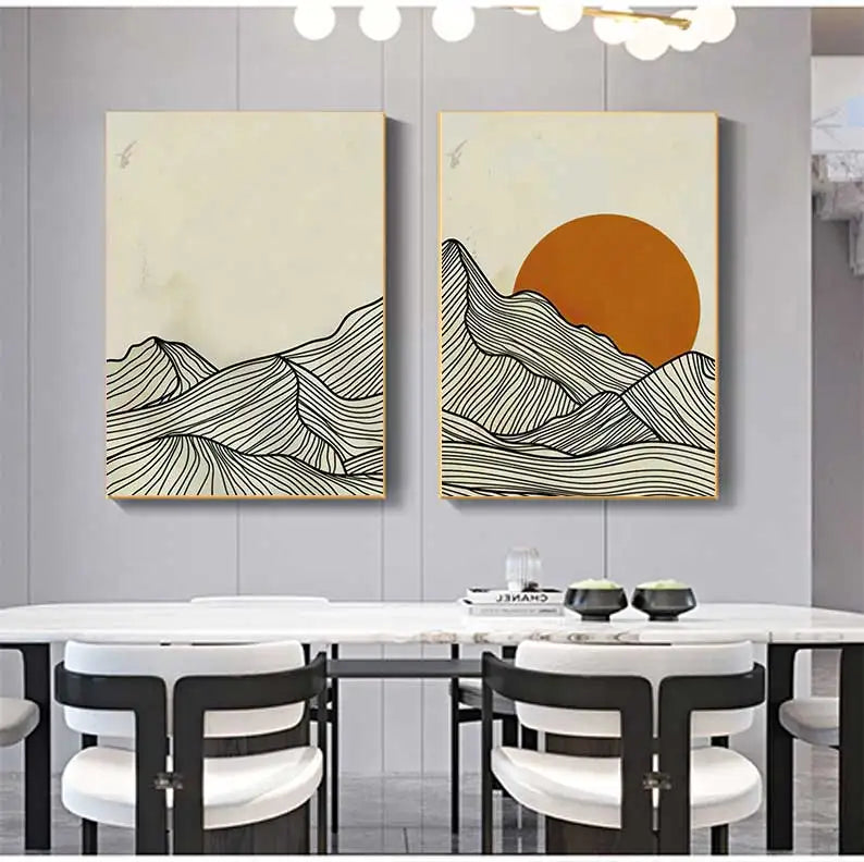 Minimalist Sun Mountain Line Abstract Wall Art, Nordic Posters Prints, Minimalist Image, Canvas Painting, Room Decoration, Set 3