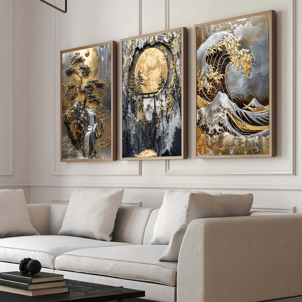 Golden Tree and Moon Abstract Painting Canvas Print, Luxury Wall Art, Minimalist Poster, Asian Style Pictures For Home Interior