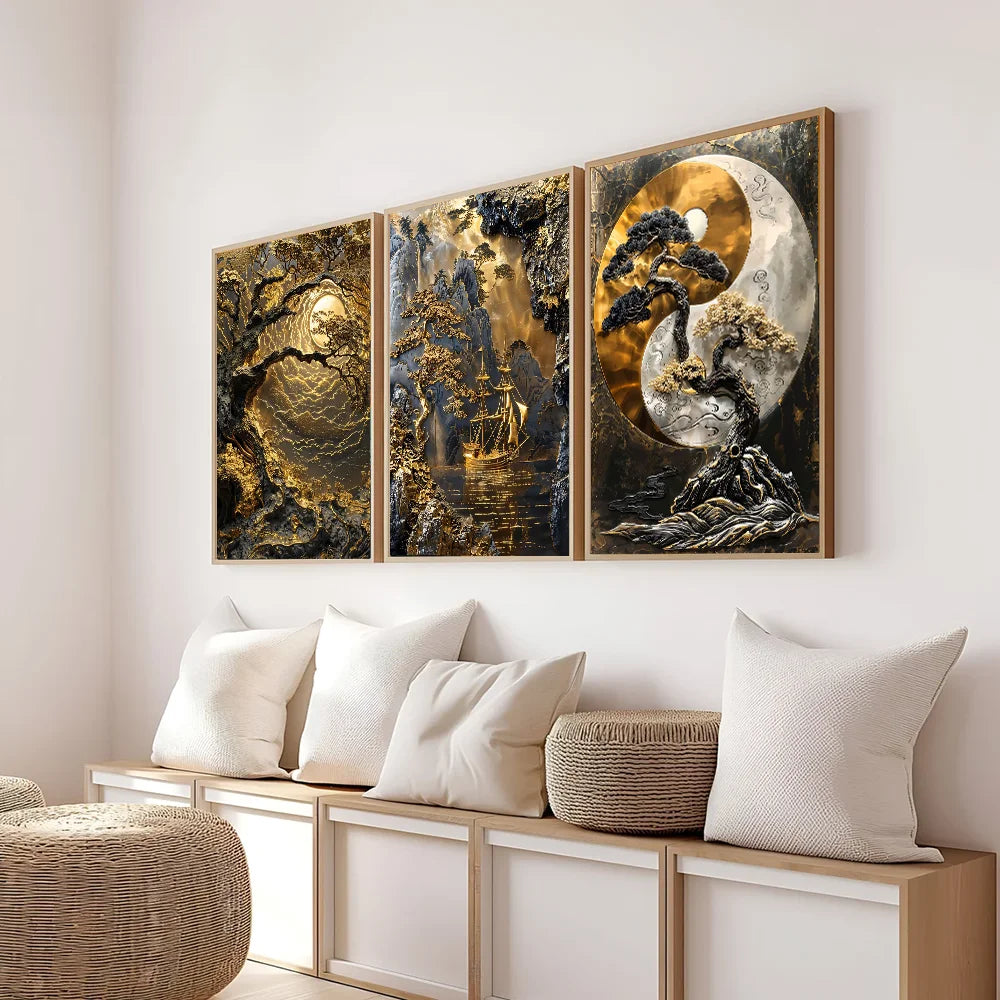 Golden Tree and Moon Abstract Painting Canvas Print, Luxury Wall Art, Minimalist Poster, Asian Style Pictures For Home Interior