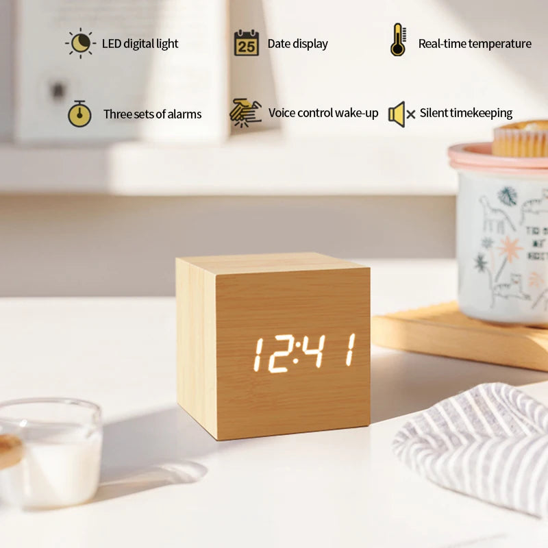 Wooden Digital Alarm Clock with Temperature Cube Electronic Control Clocks LED Alarm Clock Office Decoration Room Desk Decor