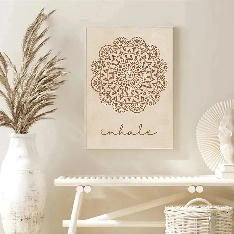 Abstract Mandala Wall Art Yoga Beige Bohemia Prints Inhale Exhale Canvas Painting Posters Line Flower Pictures Living Room Decor