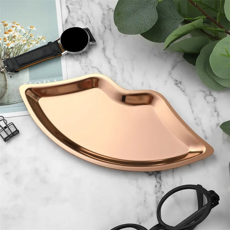 Korean Style Ins Style Stainless Steel Lip Shaped Jewelry Tray Home Cosmetics Metal Tray Female Jewelry Storage Tray Decorative