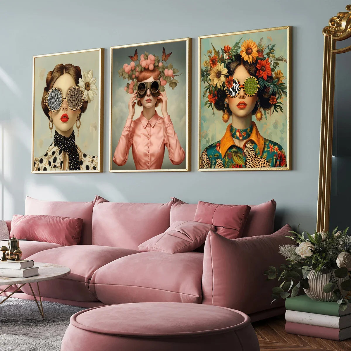 3pcs Nordic Boho Fashion Glasses Woman with Flowers Wall Art Canvas Painting Butterfly Girl Portrait Poster Prints Mural Picture