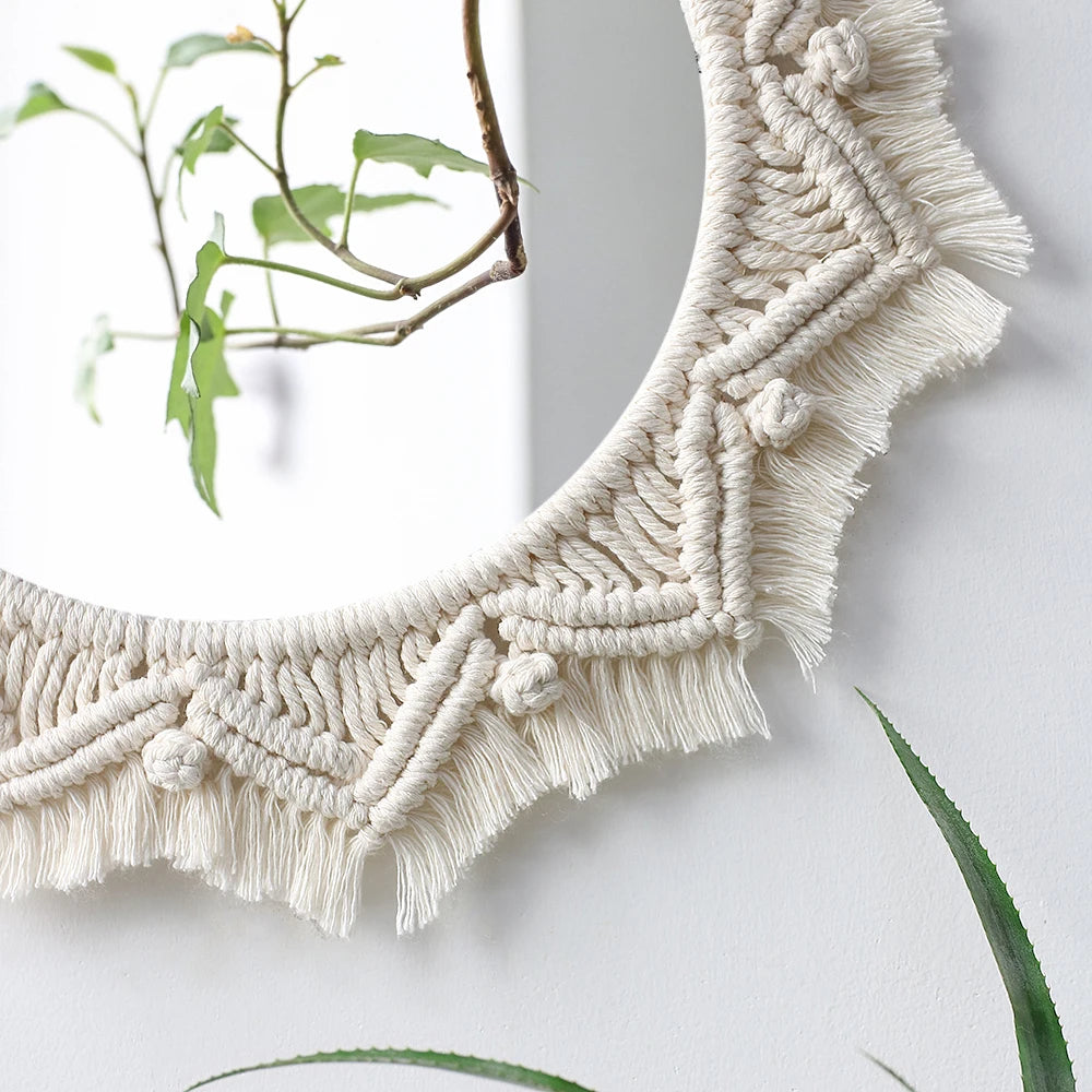 Boho Macrame Round Mirror Decorative Mirrors Aesthetic Room Decor Hanging Wall Mirror for Bedroom Living Room House Decoration