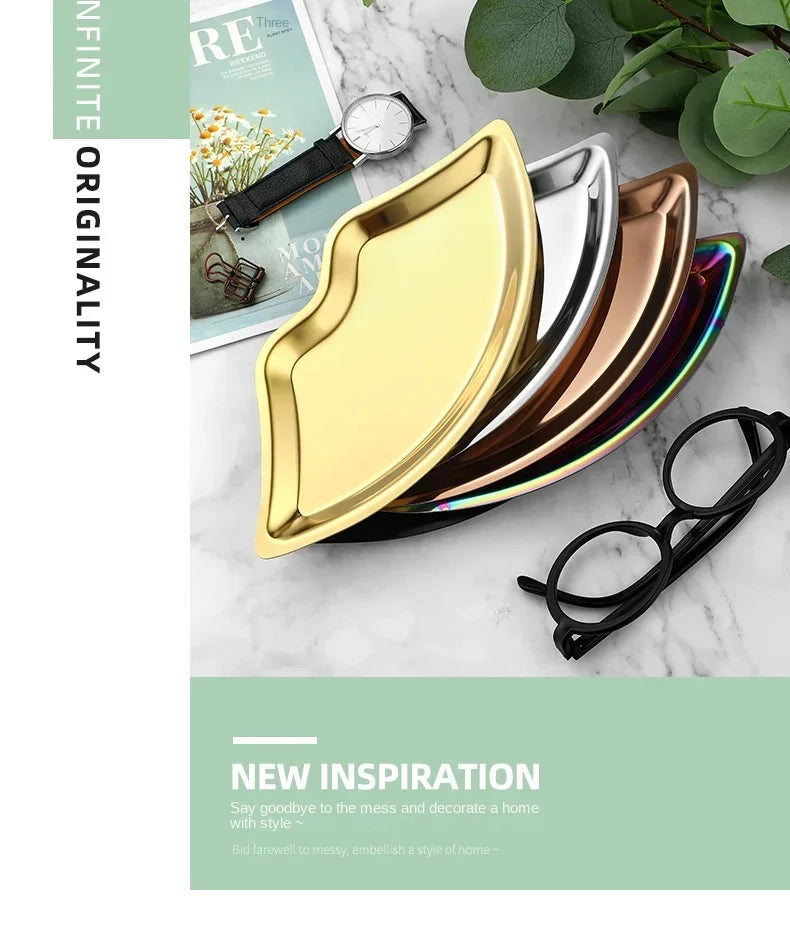 Korean Style Ins Style Stainless Steel Lip Shaped Jewelry Tray Home Cosmetics Metal Tray Female Jewelry Storage Tray Decorative