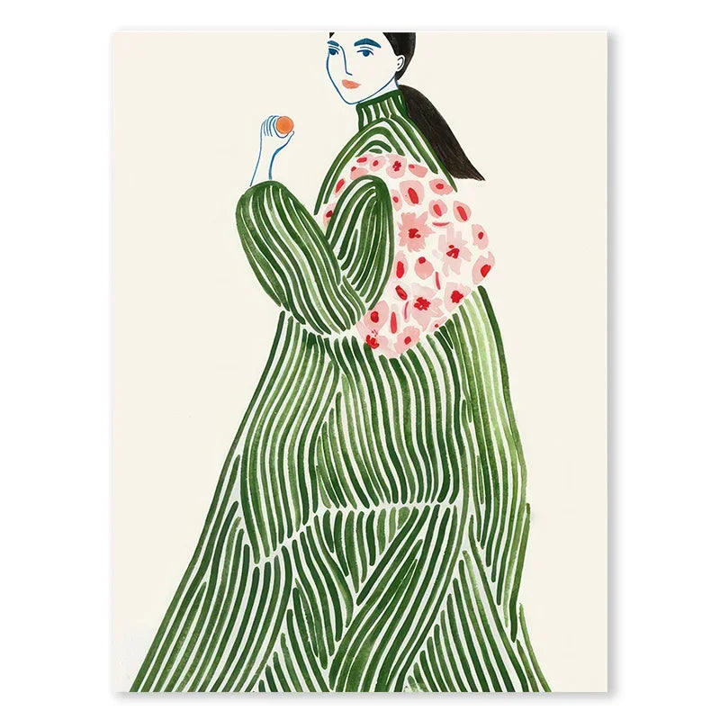 Tulip Violets Vase Woman Coat Flower Posters Light Green Abstract Aesthetics Canvas Painting Print Pictures Living Room Decor