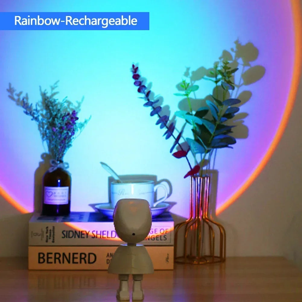 Rechargeable Astronaut Robot Rainbow Projection Sun Lamp Table Night Light Sunset Lamp Infinite Dimming Bedroom Atmosphere Light