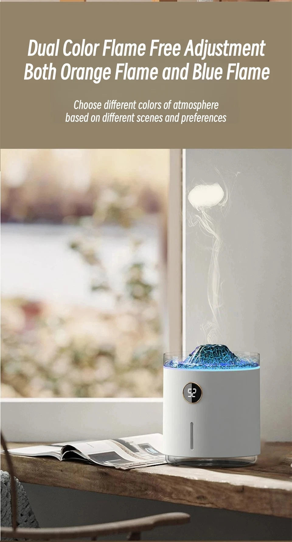 350ml USB Charging Air Humidifier Ultrasonic Aroma Essential Oil Diffuser with Volcano Flame Lamp Mini Portable Mist Humidifier