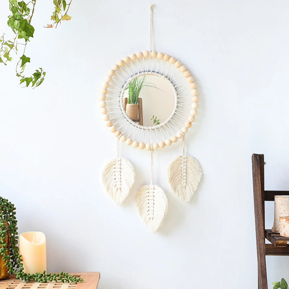 Boho Macrame Round Mirror Decorative Mirrors Aesthetic Room Decor Hanging Wall Mirror for Bedroom Living Room House Decoration