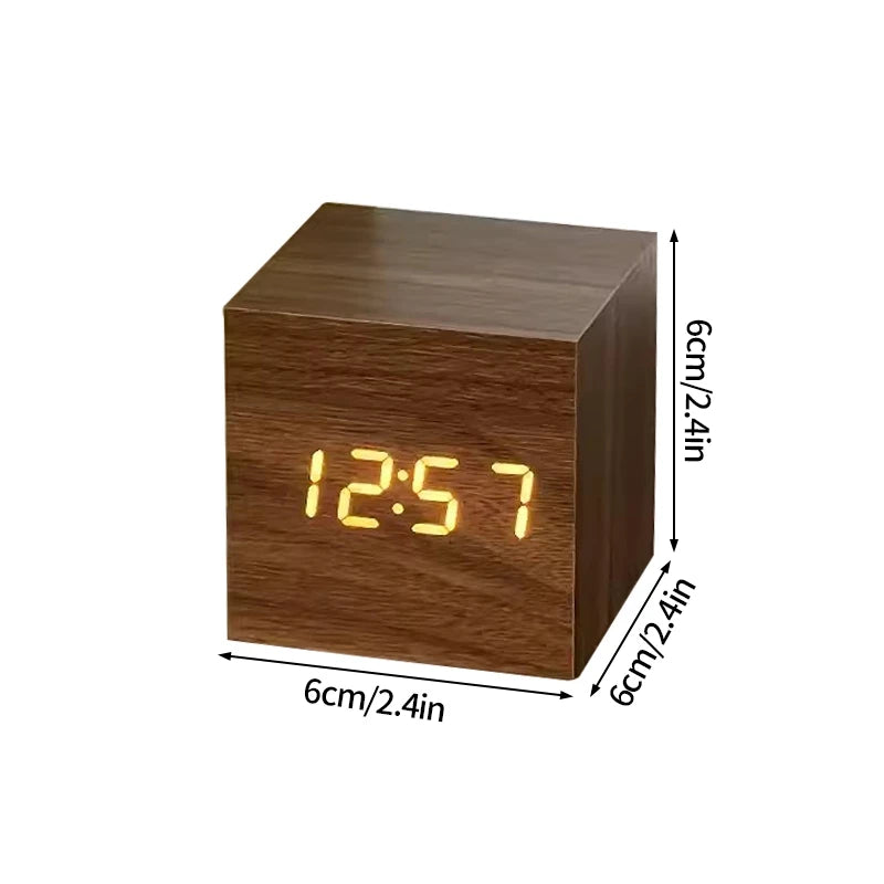 Wooden Digital Alarm Clock with Temperature Cube Electronic Control Clocks LED Alarm Clock Office Decoration Room Desk Decor