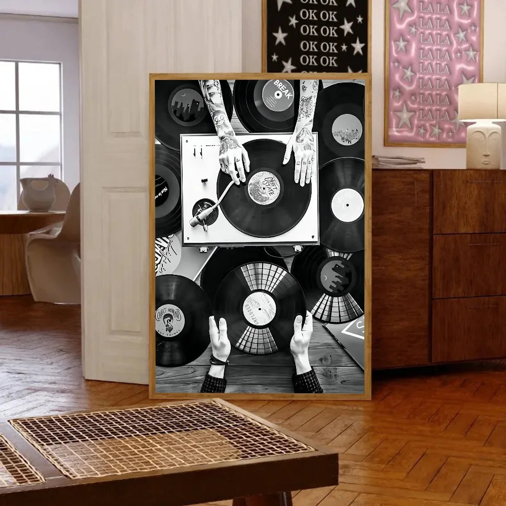 Nordic Vintage Vinyl Records Poster Self-adhesive Art Waterproof Paper Sticker Coffee House Bar Room Wall Decor