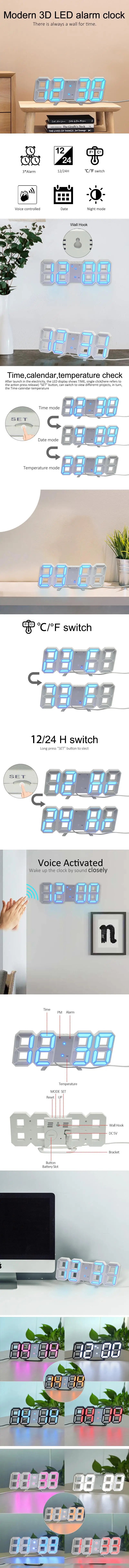 3D LED Digital Alarm Clock Wall Clock, Desk Alarm Clock,Time/Date/Temperature for Home/ Kitchen/Office