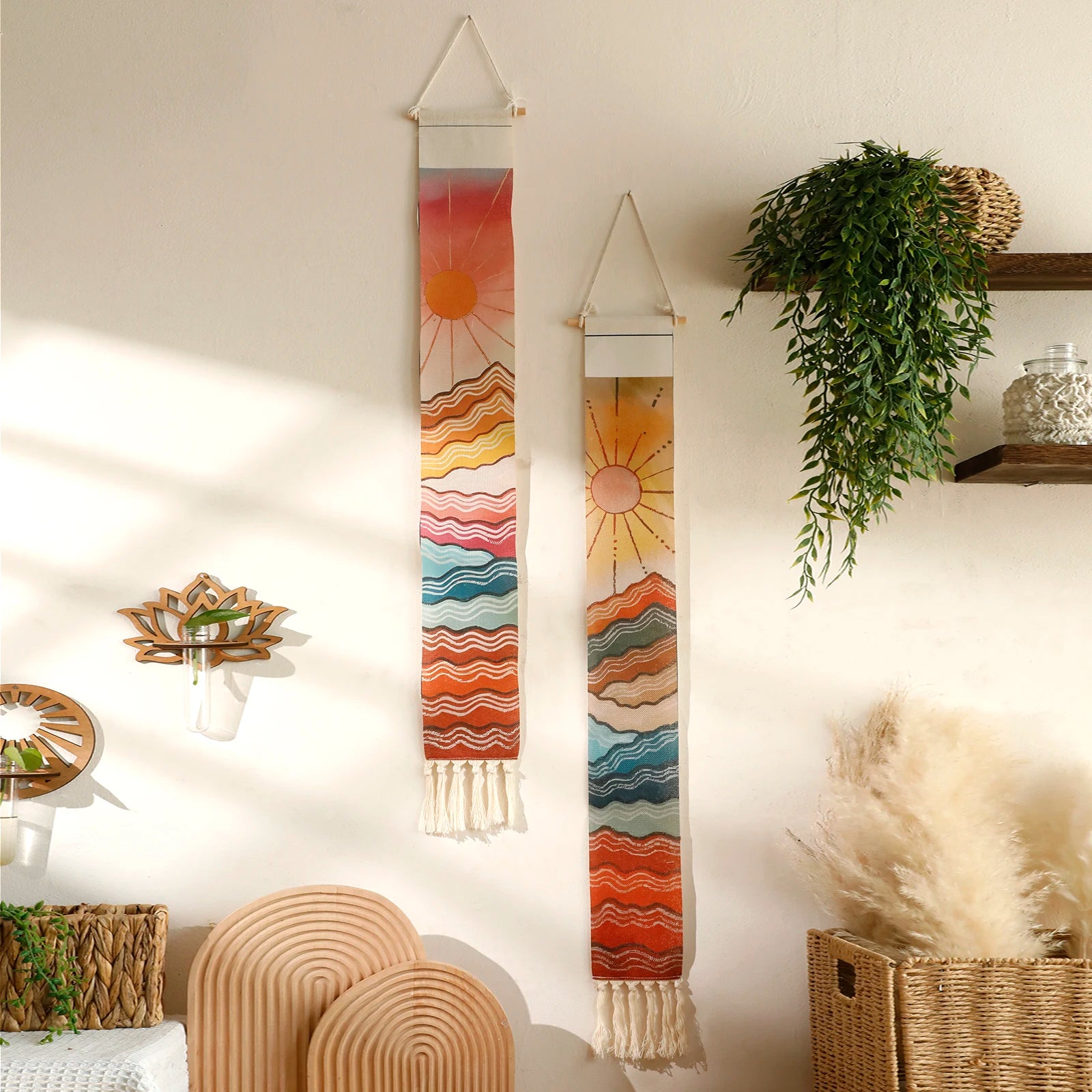 Macrame Wall Tapestry Mountain & Sunrise and sunset Boho Home Decoration Tapestry Wall Hanging Room Decors Aesthetic Wall Decor