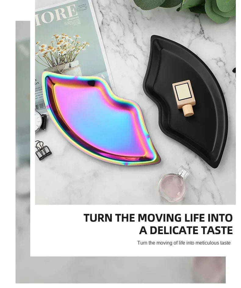 Korean Style Ins Style Stainless Steel Lip Shaped Jewelry Tray Home Cosmetics Metal Tray Female Jewelry Storage Tray Decorative