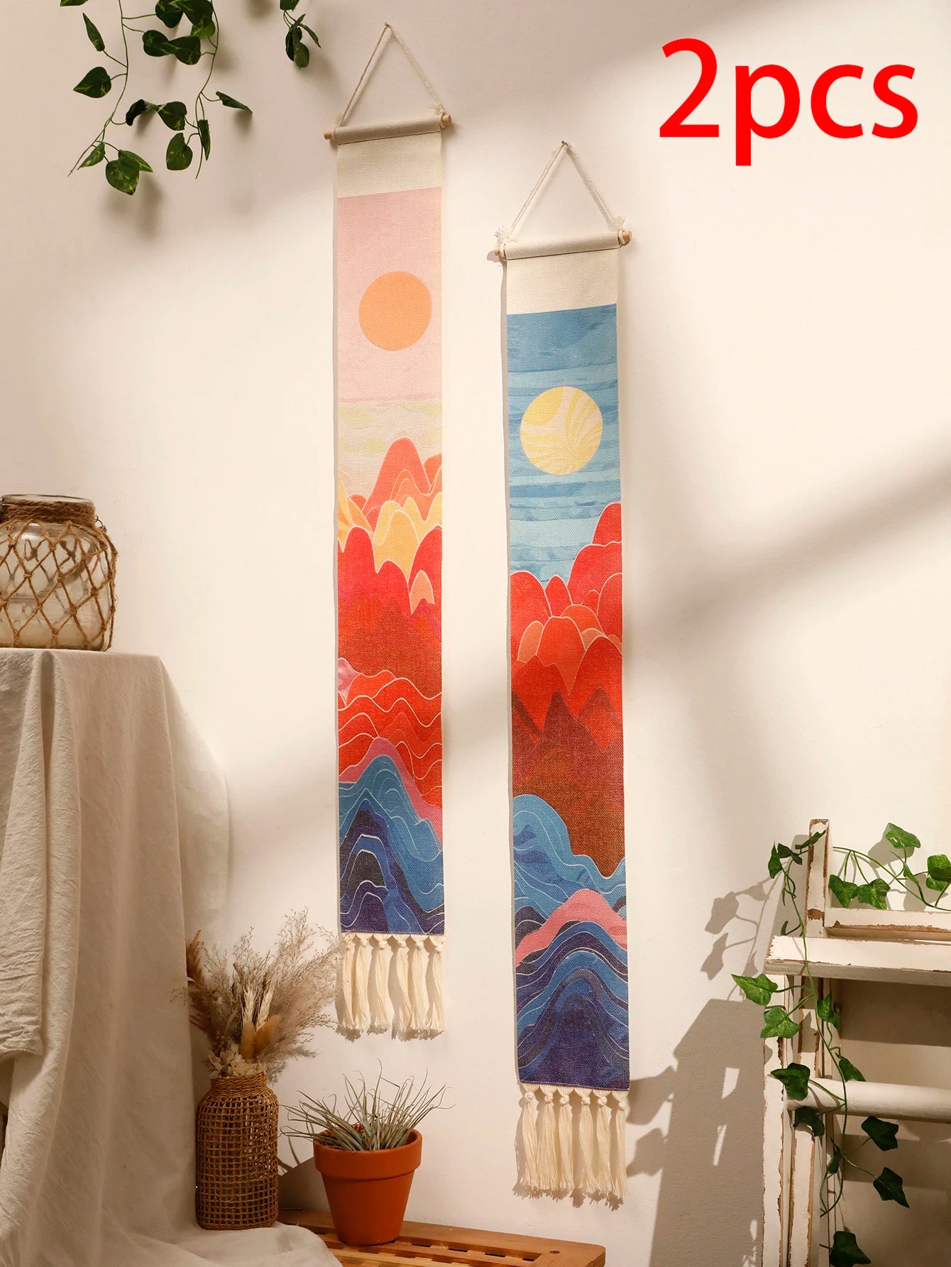 Macrame Wall Tapestry Mountain & Sunrise and sunset Boho Home Decoration Tapestry Wall Hanging Room Decors Aesthetic Wall Decor