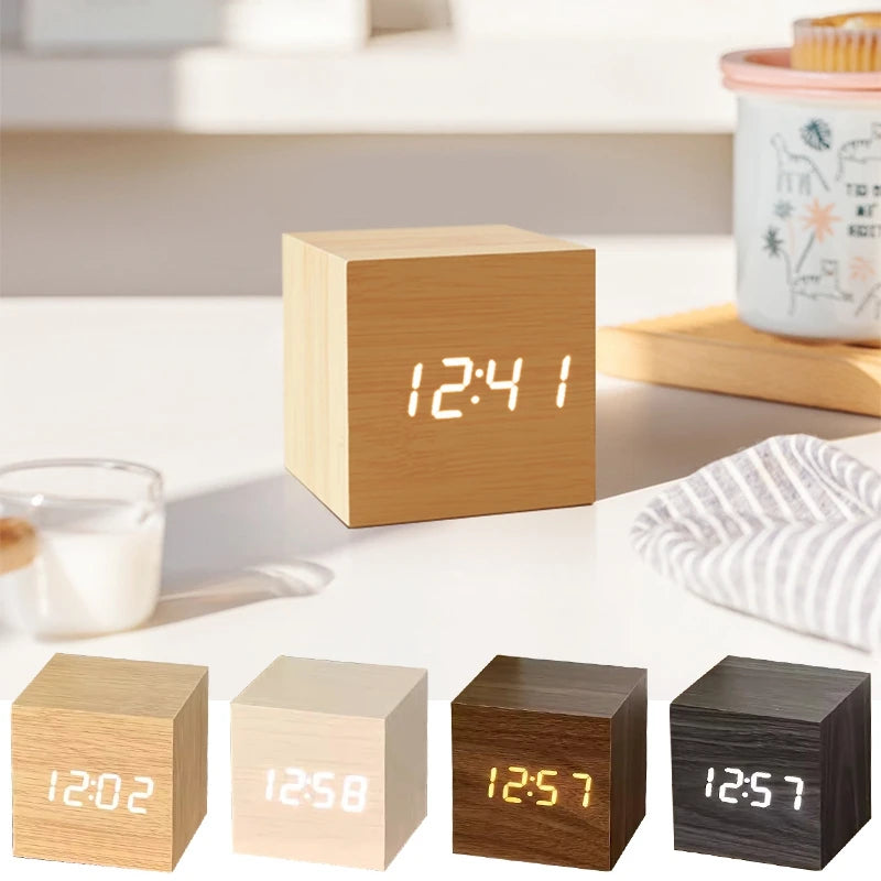 Wooden Digital Alarm Clock with Temperature Cube Electronic Control Clocks LED Alarm Clock Office Decoration Room Desk Decor