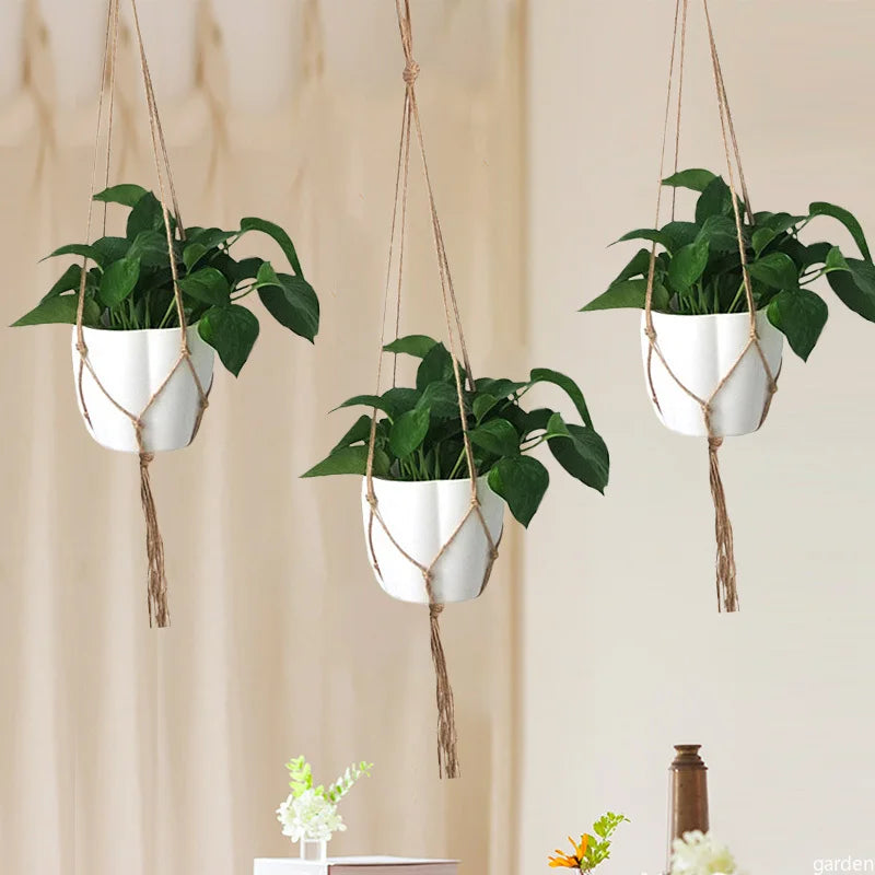 Green Plant Hanging Basket Cotton Rope Handmade Plant Hanger Flower Pot Macrame Pot Pocket Wall Boho Courtyard Home Decoration