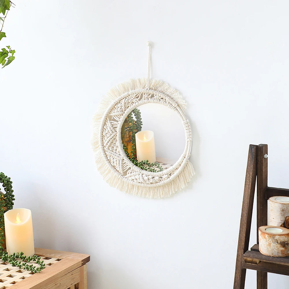 Boho Macrame Round Mirror Decorative Mirrors Aesthetic Room Decor Hanging Wall Mirror for Bedroom Living Room House Decoration