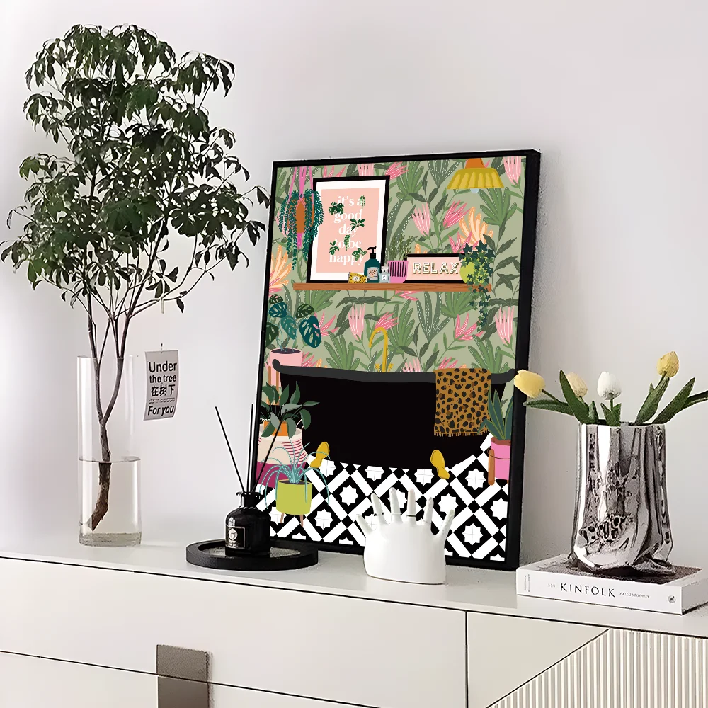 Greek Tile Botanical Plants Art Boho Green Leaves  Self-adhesive Art Poster Whitepaper Sticker DIY Room Bar Cafe Wall Decor