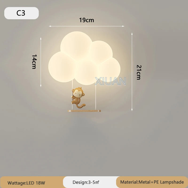 Monkey Light Cartoon Animal Wall Lamp White Cloud Sconce Nursery Room Night Light Children's Bedroom Bedside Lamp Eye Protection