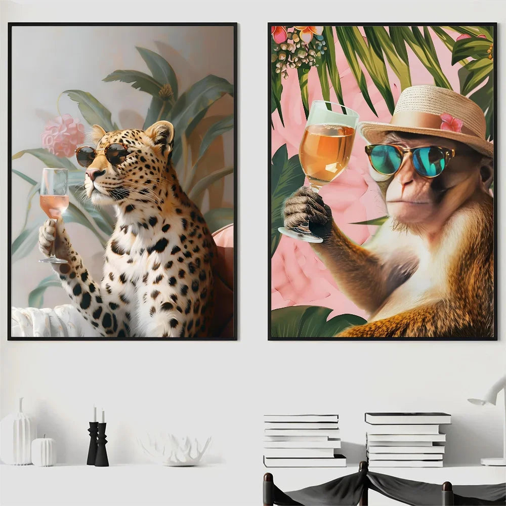 1PC Modern Maximalist Boho Wall Art Animals Leopard Lion Giraffe Monkey Poster Self-adhesive Art Waterproof Paper Sticker Coffee